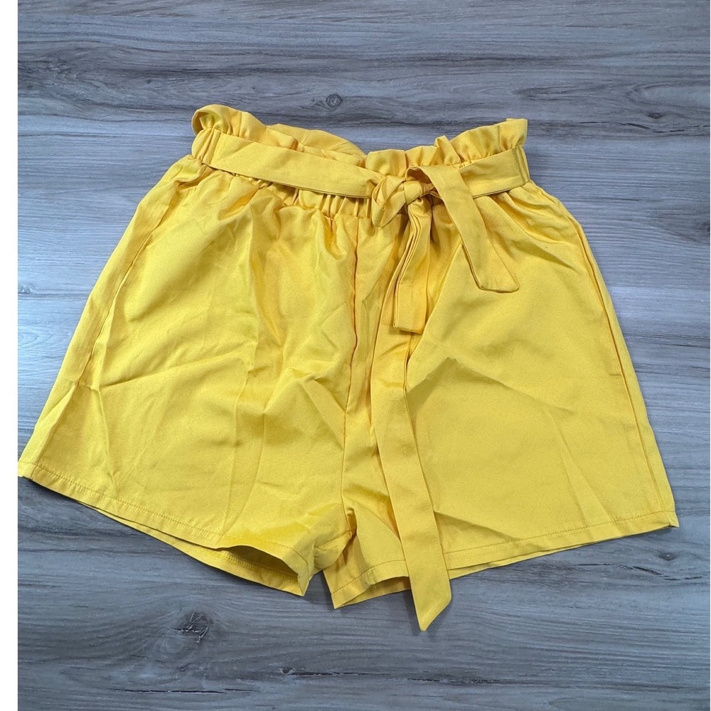 NWT Romwe Womens Yellow‎ Paperbag Waist Belted High Rise Shorts Size L New